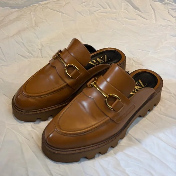 Zara Brown Leather Horsebit Mule Loafers - Picture 1 of 7